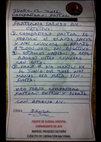 Nine pastors in Colombia received a note like this from a violent rebel group demanding "protection money"