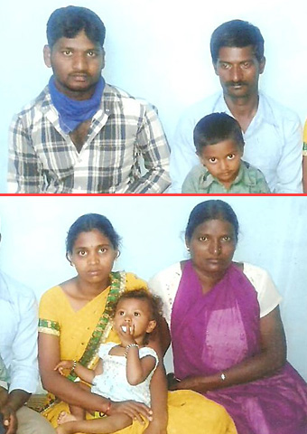 Basavaraju; Udhaykumar with son; Meenakshi (Udhaykumar's wife) with daughter; and Rathna (Basavaraju's wife). Yogesh is not pictured. All were charged with forcing others to convert and are in hiding.