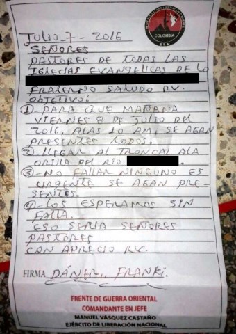 Colombian guerillas sent another letter to the nine Colombian pastors threatened in June.